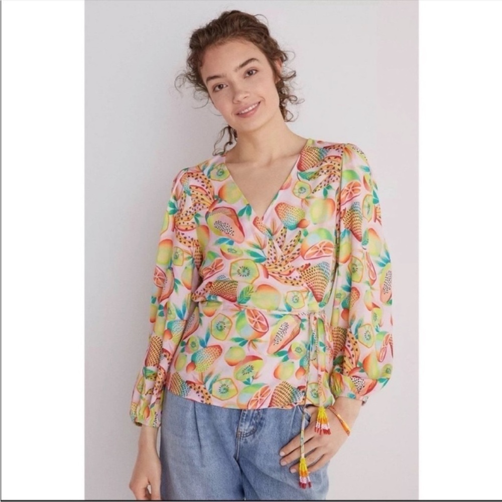 Farm Rio Tropical Fruit Wrap Blouse Tassel Tie V-Neck Top XS Boho NWT